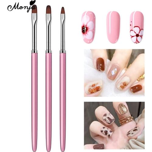 Monja 3Pcs/Set Nail Art Acrylic UV Gel Extension Builder Painting Brush Pink Handle Flower Pattern DIY Drawing Pen Manicure Tool