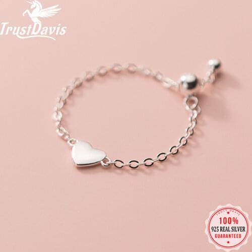 TrustDavis Real 925 Sterling Silver Fashion Romantic Sweet Heart Chain Ring Sizable For Women Wedding Party Fine Jewelry DA1885