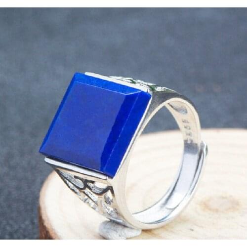 Genuine Natural Lapis Lazuli Square Ring For Men And Women S925 Silver Inlaid Lapis Lazuli Jade Ring Classic Bare Stone Ring