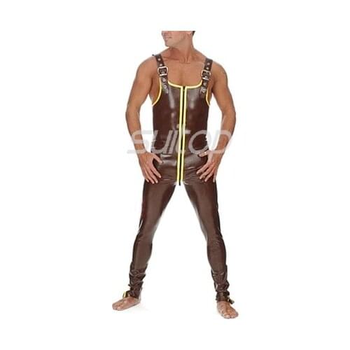 Men 's brwon latex catusit rubber bodysuits vest style