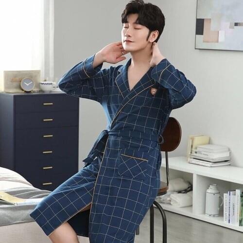 Men Cotton Robe Nightwear Spring Kimono Bathrobe Gown Nightgown Plus Size Loose Sleepwear Navy Blue Soft Male Home Clothes 3XL