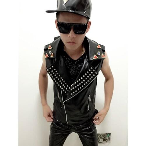 2015 Mens New Slim Fashion Male Costume Punk Rock Dj Personality Rivet Male Leather Vest Costumes Stage Costumes Clothing