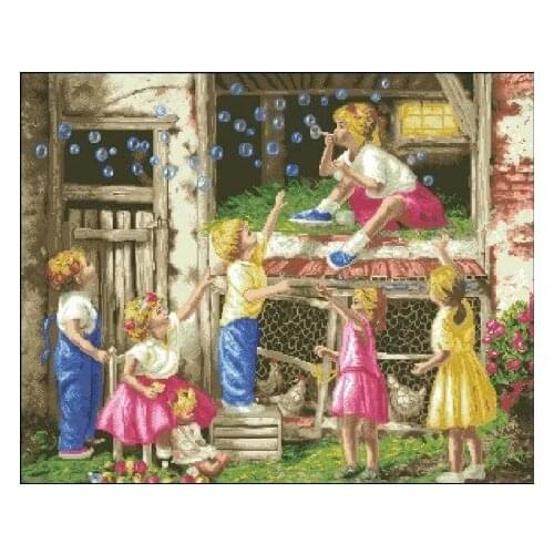 Happy Cute Kids Blowing Bubbles Top Quality Embroidery Needlework 14CT Unprinted Cross Stitch Kits DIY Arts Handmade Home Decor