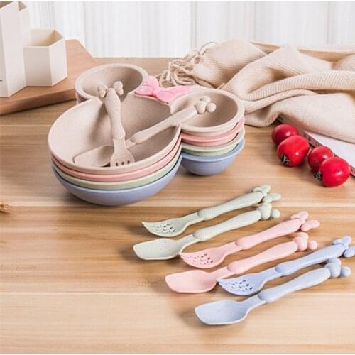 Wheat Straw Baby Cartoon Tableware Bowl Set Childrens Dishes Kids Dinner Platos Baby Feeding Plate Training Bowl Spoon Fork