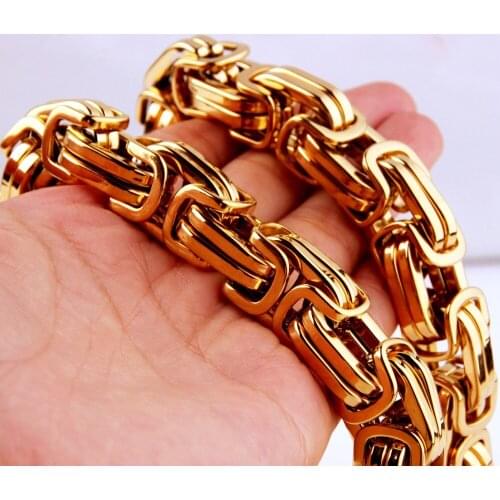 Charming 7-40" Huge Heavy 316L Stainless Steel Gold color Byzantine Chain Mens Boys Necklace 8/12/15MM Top Design