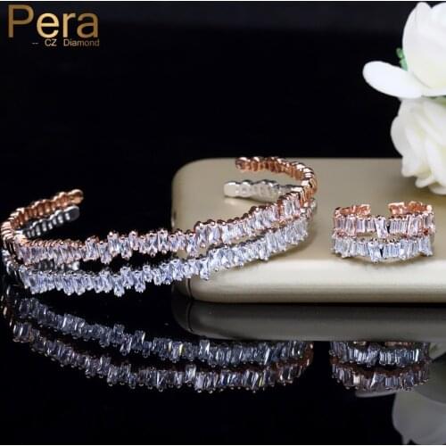 Pera Luxury Women Prom Party Jewelry Accessories Big Baguette Cubic Zirconia Adjustable Bangle And Ring Set For Best Friend Z015