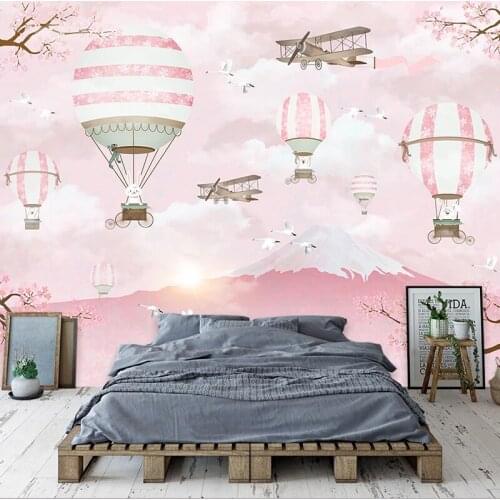 Custom Mural 3D Cartoon Pink Hot Air Balloon Children Room Girls Princess Room Bedroom Wall Decoration Photo Wallpaper Murals