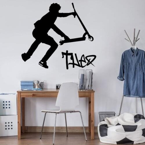 Custom Name Stunt Scooter Sport Wall Sticker Boy Room Bedroom Personalized Name Scooter Stunt Wall Decal Playroom Vinyl Decor