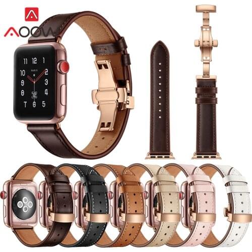 Genuine Cow Leather Band for Apple Watch 4 5 40mm 44mm 38mm 42mm Oil wax Leather Rose Gold Butterfly Buckle Strap for iwatch 123