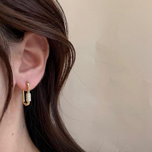 Chic Vintage Gold Crystal U Pin Earrings for Women Kpop Hollow Geometric Rectangle Earring Korean Fashion Jewelry
