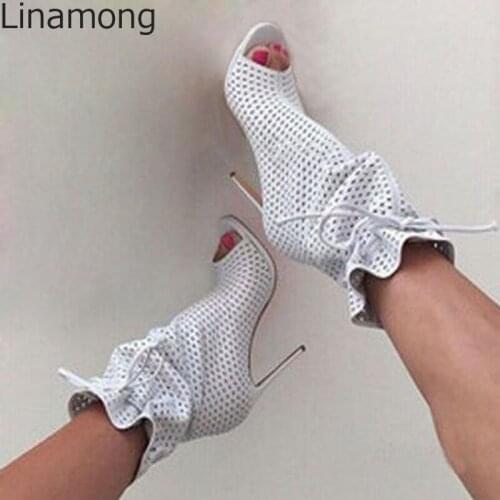 Factory Sexy Small Hole Perforation Med Calf Fish toe Boots Summer Street Stiletto High Heel Fretwork Bandage Sandals Botas