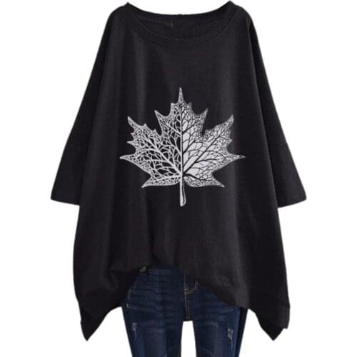 Women T-shirt Short Sleeve Leaf Print O Neck Irregular Hem Mid-length Loose Blouse Summer Female Casual Tee T-Shirt Large Size