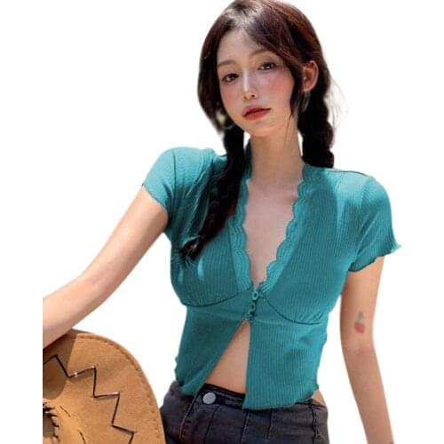 Women Casual T-Shirts Knitted Short Sleeve Crop Tops Ladies V-Neck Tops Cardigan Summer Tees Tops