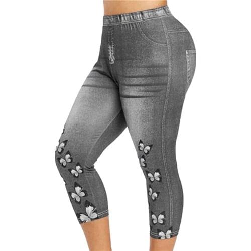 Womens Capri Leggings Summer High Waist Leggings Jeggings Skinny Butterfly Printed Jegging Denim Pants