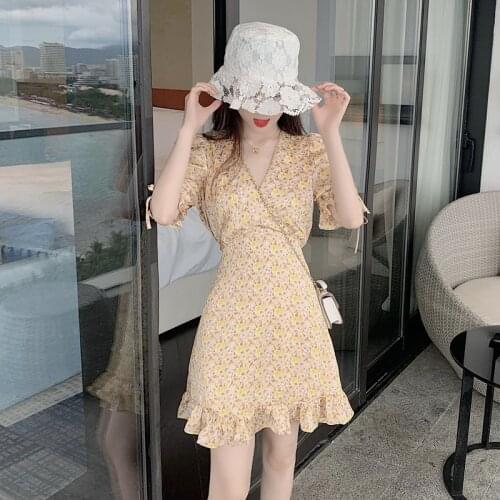 2021 French New Style V-Neck Dress Womens Holiday Forest High Waist A-Line Floral Print Dress Ladies Party Midi Sundress Vestid