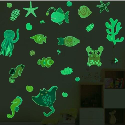 2021 Glow In The Dark Art Luminous Wallstickers Underwater World Fish Kids Room Bedroom Decor Aesthetic Bathroom Wall Decals