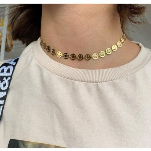5PCS, 2021 Popular New Metal Copper Gold Color Smiley Face Chain Necklace Ladies Jewelry