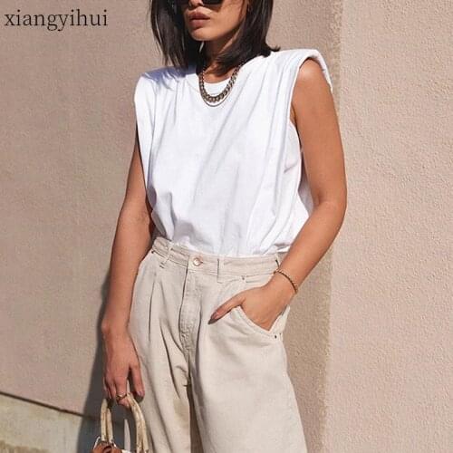 7 Colors 2020 Summer Sleeveless T shirt Shoulder Padded Women Loose White Tank Top Fashion Casual Knitted Tank Vest Female