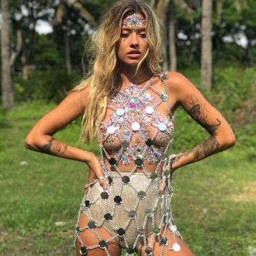 Sequins Top Chain Women Shoulder Necklace Bra Harness Geometric Tassel Pendant Body jewelry Rave Disco Party Jewelry