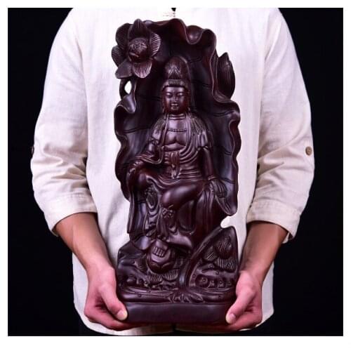 50cm Large HOME SHOP home decor Talisman Bless family safe GOOD LUCK Lotus Guanyin buddha Ebony wood HAND carving art statue