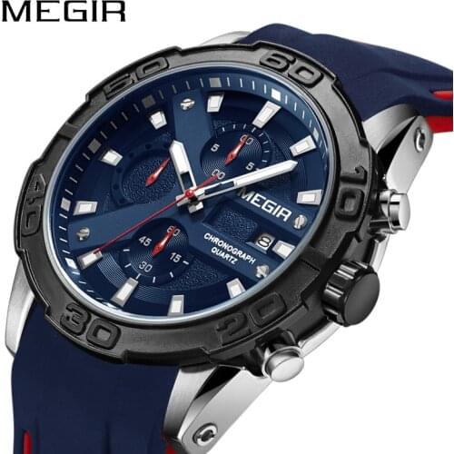 MEGIR Chronograph Men Watch Relogio Masculino Blue Rubber Business Quartz Watch Clock Men Creative Military Wrist Watches 2055