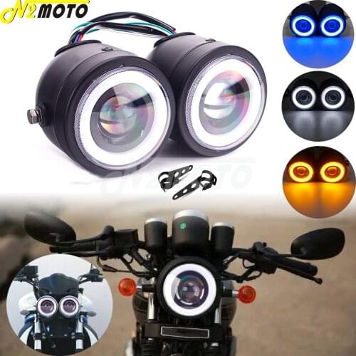 For Harley Sportster Dyna Cafe Racer Honda Suzuki Motorcycle LED Angle Eye Single/Twin Dual Dominator Custom Headlight Head Lamp