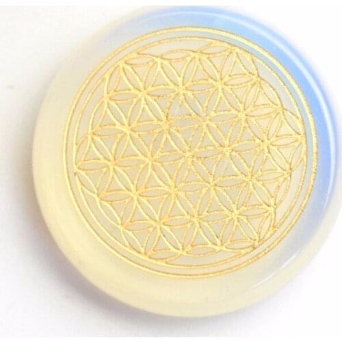Artificial Opal Engraved Crystal Flower of Life Reiki Healing Round Palm Stone with a Free Pouch