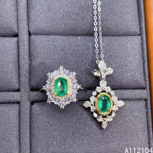 KJJEAXCMY fine jewelry 925 sterling silver natural emerald women new elegant classic plant gem ring pendant suit support detecti