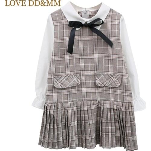 LOVE DD&MM Girls Dresses Autumn fashion Style Turn-down Collar Bow Plaid Pleated Dress Kids Clothes
