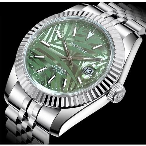 Parnis Miyota Arrival Green Dial Luminous Mens Watches Calendar Sapphire Glass Automatic Mechanical Men Wristwatch Nordic style