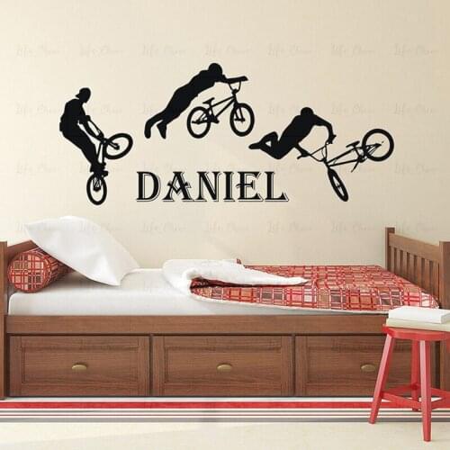 Teen Boys Name Decal BMX Freestyle Jumping Bike Vinyl Wall Sticker Custom Personalized Name Kids Teens Boys Room Decor Decals