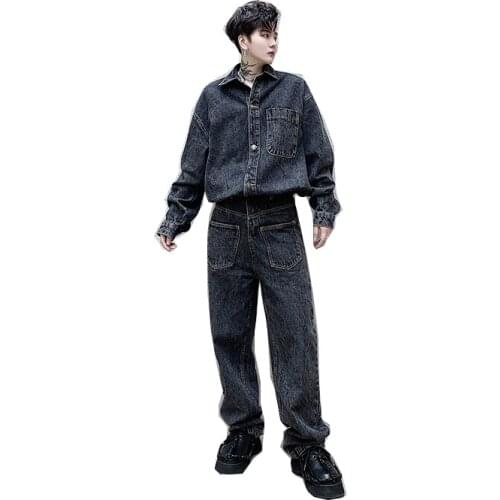 New trend mens fashion retro denim jumpsuit simple casual performance jumpsuit denim trousers