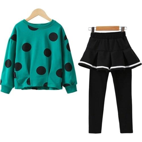 Girls Clothing 2021 Spring Teens Girls Clothes Long Sleeve Dot Tops Pants Outfit Suit Kids Tracksuit For Children Clothing Sets