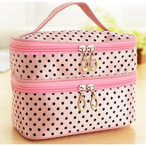 Cosmetic Organizers Women Multifunctional Double Desk Polka Dot Cosmetic Bag Pouch Toiletry Zip Organizer Travel