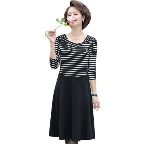 2021 Autumn Winter Women Stripe Patchwork Dresses Casual Long Sleeve High Elastic Waist Party Dress Female Basic Vestidos 5XL