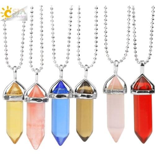 CSJA 1pc E001 Bullet Shape Pendant NecklacesHexagonal Prism Blue Green Glass Cat Eye Pointed Pendants Fashion Women Jewelry E060