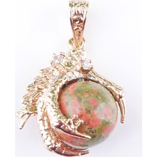 RONGZUAN Natural Stone Unakite Jaspers Round Ball Bead Dragon Claw Crystal Chakra Pendulum Pendant Necklace 18" Jewelry TN3092