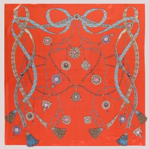 POBING Luxury Tassel Rope Print Hijab Scarf Women Satin Silk Shawl Foulard Femme Square Head Scarves Wraps 90*90CM Wholesale