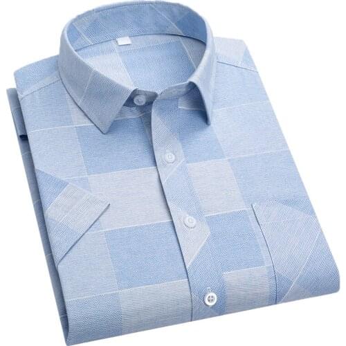 Aoliwen brand 2021 Mens Plaid Striped Short Sleeve Shirt Soft and Comfortable Summer Slim Business Casual Short Sleeve Shirt