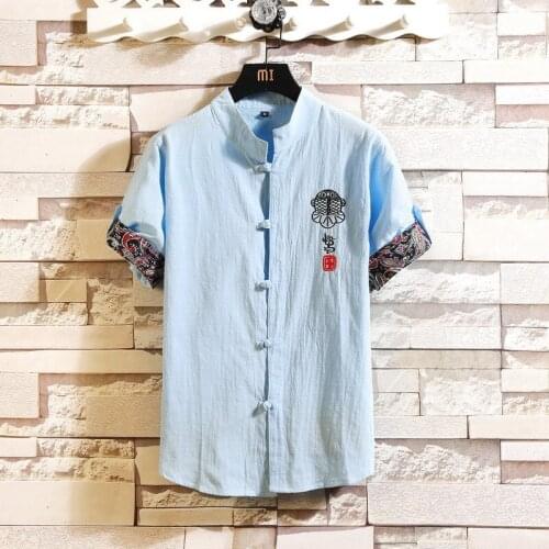#6901 Summer Vintage Cotton Linen Shirt Men Embroidery Retro Short Sleeve Shirt For Men Slim Plus Size 5XL Casual Stand Collar