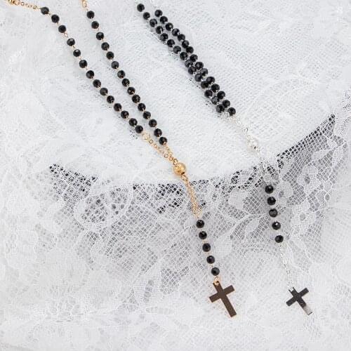 Handmade Sweater Rosary Beads Necklace Simple Long Tassel Cross Pendant Necklaces Choker Chain Lock Necklace Collar