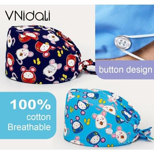 Chinese style cute little mouse series women and men caps Unisex Scrub Nurse Hat Adjustable Beauty Salon Care Cap nursing hats