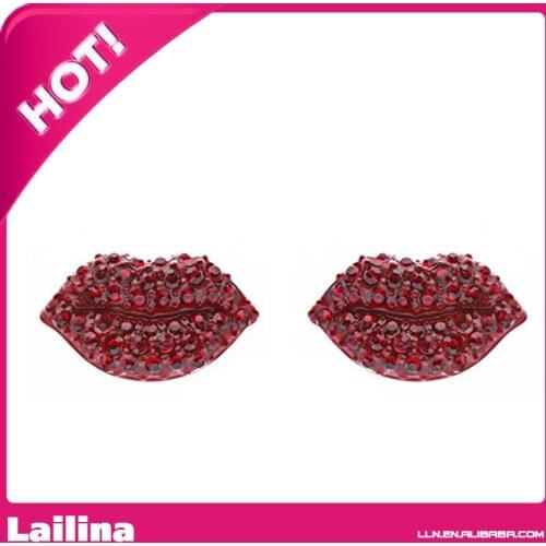 Fun Cute Lip Kiss Crystal Rhinestone Fashion Red Small Stud Earrings