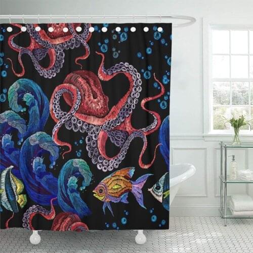 Octopus Sea Wave and Tropical Fishes Classical Red Underwater Shower Curtain Waterproof Polyester Fabric 72 x 78 Inches Set