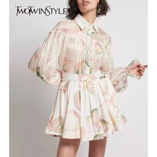 TWOTWINSTYLE Printed Hit Color Two Piece Set For Women Lapel Flare Sleeve Shirt High Waist Mini Skirts Elegant Sets Female 2020