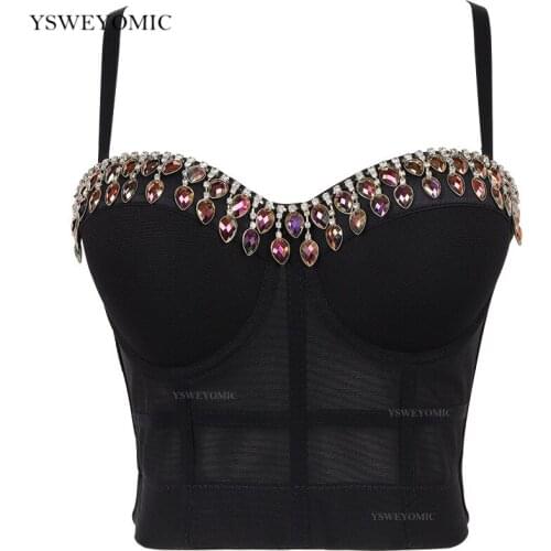 2021 New Women Mesh Short Camisole Top Diamond Crystal Solid Color Sleeveless Crop Top Bustier Bra Night Club Party Tank Top
