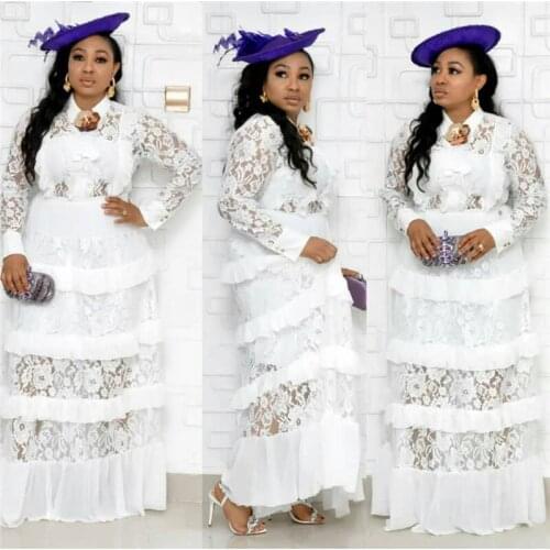Women Dashiki African Long Dress Fashion Ladies Lace Long Sleeve Edge Stitching Multi-layer Cake Dress Large Size XL-3XL