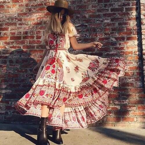 Floral Print Bohemian Maxi Dress Summer Long Off Shoulder Sexy Vintage Cotton Hippie Chic Holiday Beachwear Dresses For Women