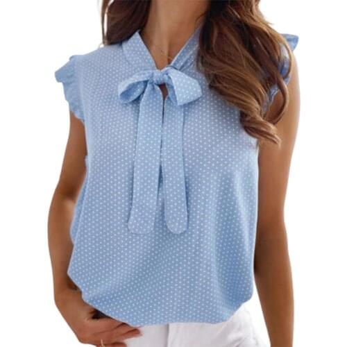 2021 Summer T-Shirt Fashion Sleeveless Bow Polka Dot Women Elegant Solid Color Ruffle Bowknot Loose Dating Office T-Shirts