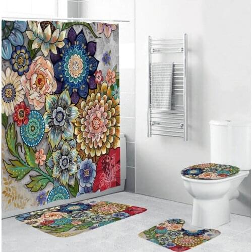 4 Pcs Bohemian Print 3D Shower Curtain Waterproof Polyester Bathroom Curtains Anti-slip Bath Mats Set Toilet Rugs Carpet Decor